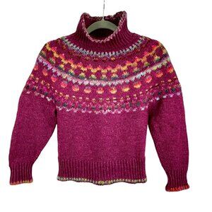 Hand Knit Wool Fair Isle Turtleneck Sweater Raspberry Women XS Chunky Cabincore